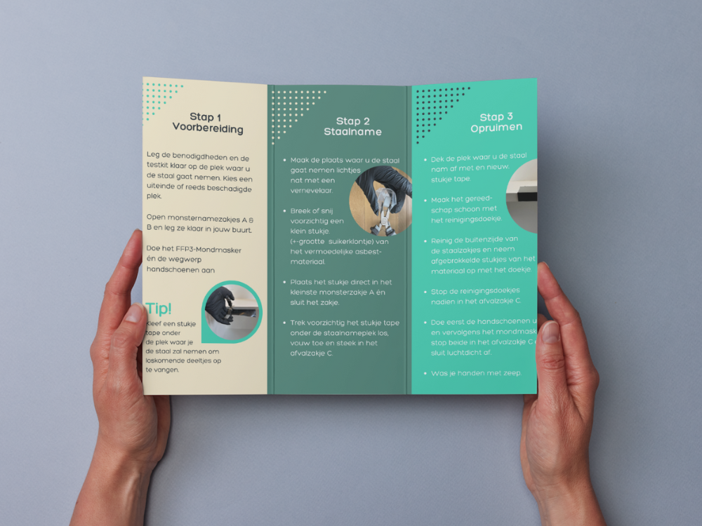 Handleiding van de Testkit Asbest met de stappen voorbereiding, staalname en opruimen